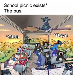 the school bus is full of cats and dogs on it's seats, with text that reads school picnic exits the bus girls boys