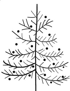 a black and white drawing of a pine tree with berries on it's branches