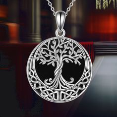 Black Onyx Tree of Life Necklace 925 Sterling Silver Celtic Knot Pendant Necklace for Women Jewelry Tree Of Life Pendant Black, Black Sterling Silver Necklace With Silver Clasp, Black Necklace With Sterling Silver Clasp, Black Jewelry With Silver Chain And Round Pendant, Celtic Knot Pendant, Tree Of Life Necklace, Tree Of Life Pendant, Celtic Knot, Necklace For Women