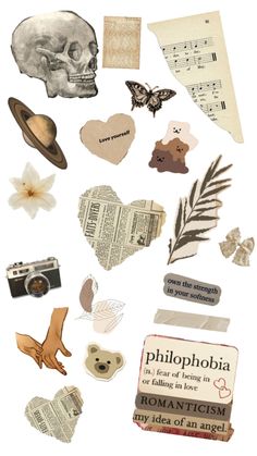 an assortment of stickers with different types of things on them, including paper and scissors