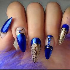 24pcs Mid-Length Almond Shape Press On Nails, Blue Fake Nail With Rhinestone Decor, Glitter Full Cover Nails For Women Brand New Never Worn! Festival Nails, Nail Designs Spring, Nail Extensions, Diy Manicure, Nail Games, Rhinestone Nails, Blue And Gold, Blue Nails, False Nails