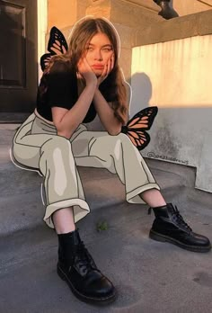 a woman sitting on the ground with her hands to her face and wearing black shoes