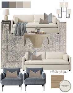 a living room with couches, chairs and rugs in shades of blue and beige