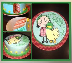 a collage of pictures with cakes and cake decorating items on them, including a child's birthday cake