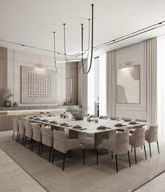 a large dining room table surrounded by beige chairs and an art work on the wall