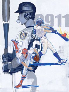 a painting of a baseball player holding a bat next to another player wearing a uniform