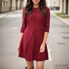 Lasaky - Loose Fit Knitted Sweater Dress Half Sleeve Sweater, Knitted Sweater Dress, Crew Neck Dress, Knit Skater Dress, Dress Maroon, Loose Knit Sweaters, Long Sleeve Sweater Dress, Dress Crafts, Crewneck Dress