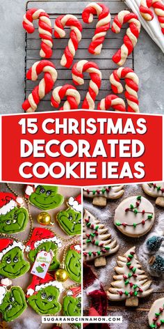 christmas decorated cookies with the words, 15 christmas decorated cookie ideas on top and below