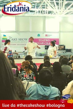 two chefs are standing on stage in front of an audience at a food show with the caption live daatheaeateshow bologna