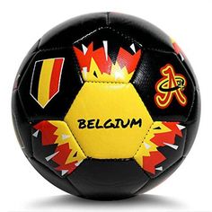 a black soccer ball with red, yellow and orange designs on the side that says belgium