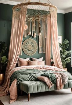 a bedroom with green walls and a bed that has a canopy over it, hanging from the ceiling