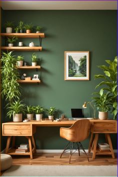 an office with green walls and potted plants on the desk, along with a laptop