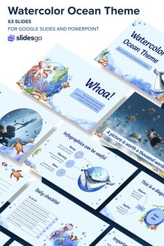 Watercolor Ocean Theme Ocean Themed Background, Sea Theme Background, Ocean Powerpoint, Ocean Infographic Design, Beach Powerpoint Template