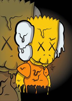 a cartoon character with a skull on his head and an orange shirt in front of a black background