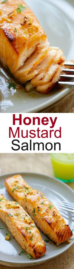 honey mustard salmon on a plate with a fork