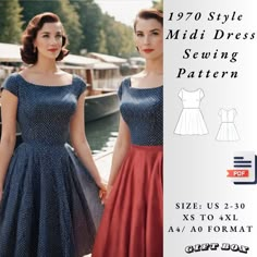 two women in dresses standing next to each other with the text, 1970 style midi dress sewing pattern size us 2 - 30