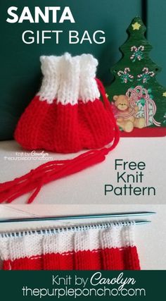 a knitted santa bag sitting on top of a table next to a knitting needle