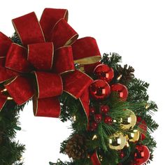 a christmas wreath with red and gold ornaments