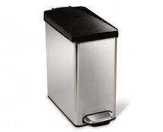 a stainless steel trash can with a black lid and silver trim on the bottom, against a white background