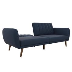 a blue couch sitting on top of a wooden frame