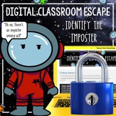 there is a blue padlock with an image of a cartoon character on it and the words digital classroom escape