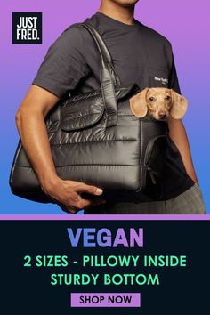 Image shows a stylish guy carrying a dachschund in this vegan dog carriers.  Available in 2 sizes with a pillowy inside with sturdy bottom.  This destination tote limited edition has a built-in dog waste bag dispenser, zipped top and peekaboo window and is PETA approved. Shop now at Just Fred. Dogs Pooping