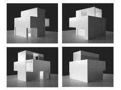 four different angles of a house in black and white, each with its own door open