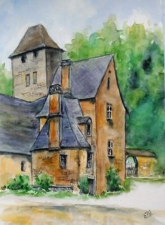 a drawing of an old house with trees in the background and watercolor on paper