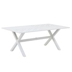 a white table with two crossed legs on it, against a white background the table is made out of wood and has an x - frame design