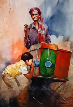 a painting of a man and boy playing with an old fashioned toy box on the ground