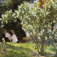 a painting of two women sitting under a tree with white flowers in the foreground