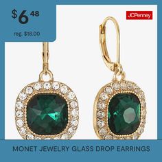 Included: 1 Pair of EarringsFeatures: RhinestonesEarring Back: Lever BackShape: CushionMetal Color: Gold ToneEarring Length: 33mmEarring Width: 16mmCare: Wipe CleanStone Type: 42 GlassEarrings Style: Drop EarringsMetal: ZincCountry of Origin: Imported Glass Drop Earrings, Monet Jewelry, Earrings Green, Earrings Drop, Drop Earrings, Glass, Green, Gold, Color