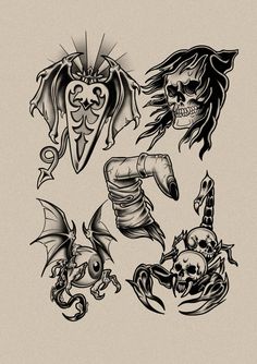 an assortment of tattoo designs on a white background, including skulls and dragon heads with wings