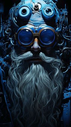 a man with glasses and a beard is wearing steampunky eyeglasses