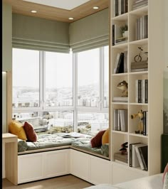 a window seat with bookshelves in the corner