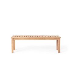 a wooden bench sitting on top of a white floor