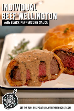 a plate that has some food on it and the words, individual beef wellington with black pepperoni sauce