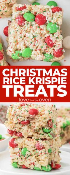 christmas rice krispy treats stacked on top of each other