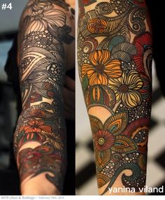 two pictures of different tattoos on one arm and the other half sleeve with an image of flowers