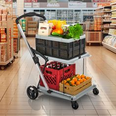 a shopping cart filled with groceries in a grocery store aisle next to shelves full of fruit and vegetables