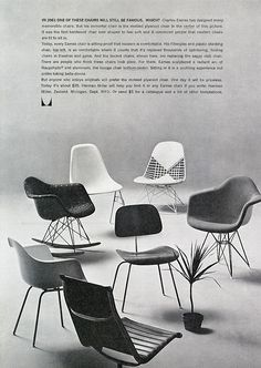 an advertisement for the eames chair and other chairs in black and white, including one with