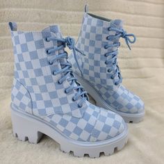 Suree By Cape Robbin Two Tone Light Blue Checker Pattern Lace Up Platform Boots. 1 1/4 Inch Platform 3 Inch Heel Light Weight Man Made Materials. Blue Platform Boots, Light Blue Clothes, Light Blue Boots, Light Blue Outfits, Lace Up Platform Boots, Blue Platform Shoes, Shoes Light Blue, Diy Sneakers, Unique Boots