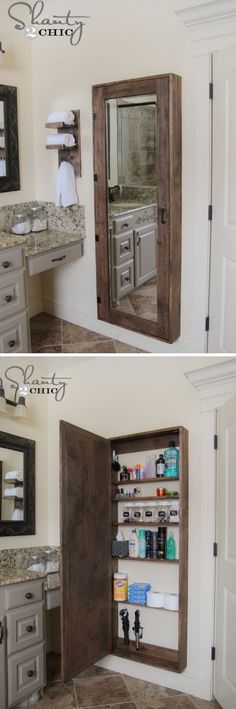 two pictures of the inside of a bathroom with mirrors and shelves in each corner, one is open to reveal a medicine cabinet