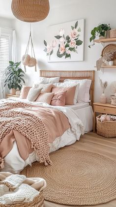 a bedroom with pink and white bedding, wicker baskets on the floor and plants