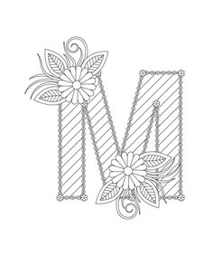 the letter m with flowers and leaves on it is drawn by hand in black and white