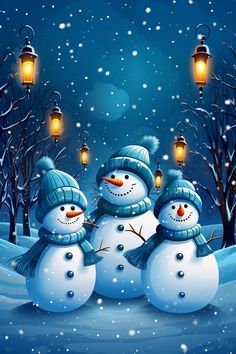 three snowmen are standing in the snow with lantern lights on their heads and one is wearing a blue hat