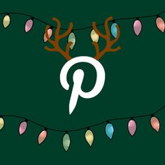 the pin is decorated with christmas lights and reindeer antlers on green background, surrounded by multicolored garlands