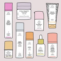 an assortment of skin care products on a pink background