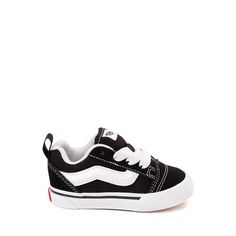 Vans Knu Skool Skate Shoe - Baby / Toddler - Black / White | Journeys Kidz Retro High-top Vans Sneakers, Black Retro Vans Sneakers, Vans Low-top Sneakers With Elastic Laces, Black Skateboarding Sneakers With Elastic Laces, Vans High-top Skate Shoes With Elastic Laces, Vans Cotton Sneakers For Streetwear, Vans Low-top Cotton Sneakers, Retro Black Cotton Sneakers, Retro Black Low-top Canvas Shoes