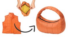 an orange bag and two pieces of clothing are shown in this image, with one person's hands holding the purse